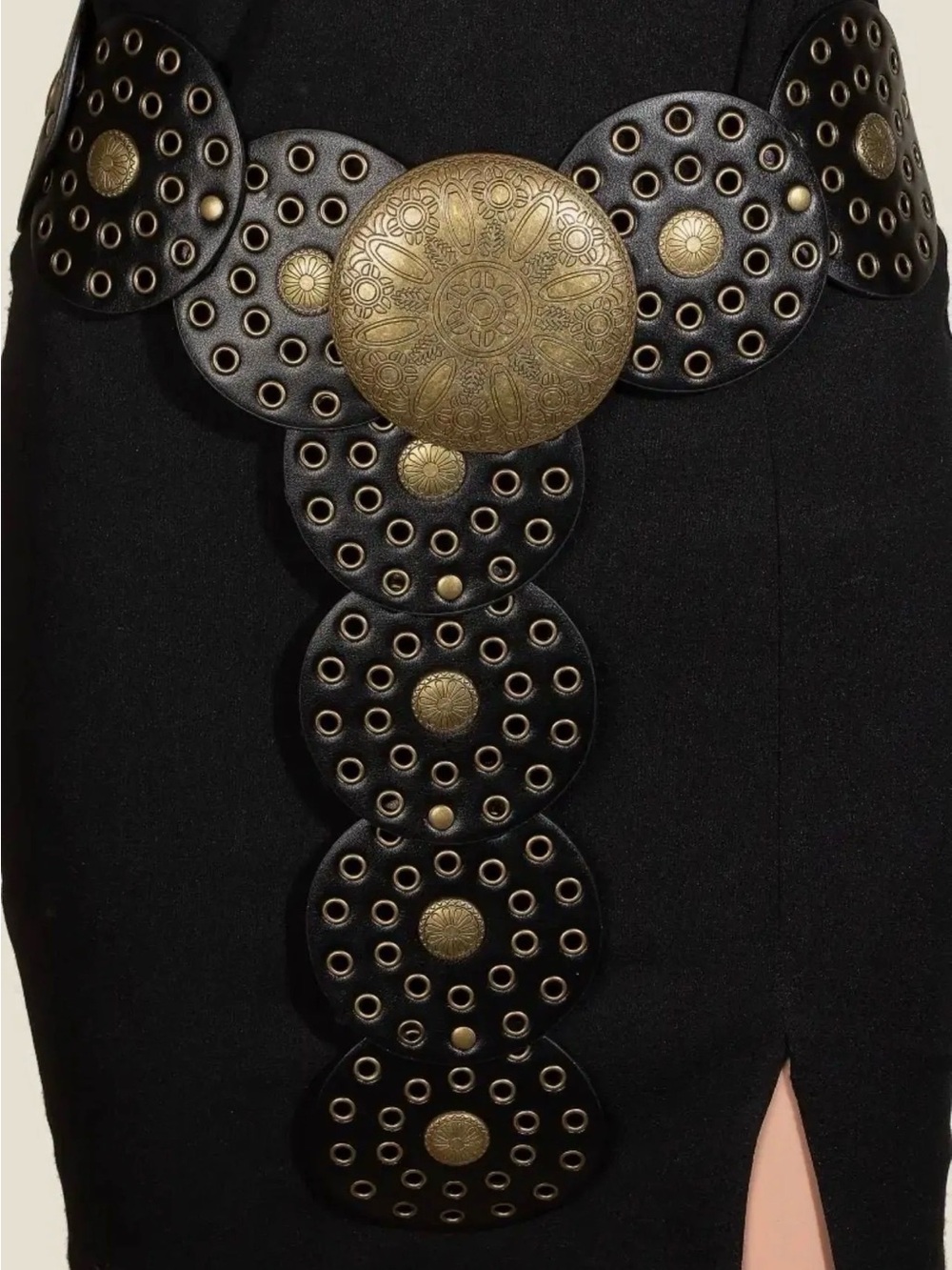 Boho Western Concho Disc Belt Black Brass Statement Waist Festival Style Y2K